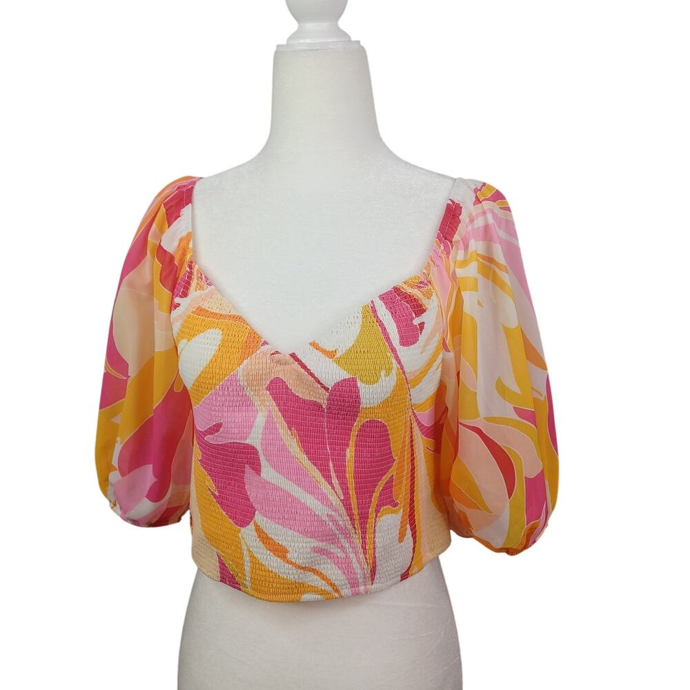 Flying Tomato Cropped Top Women's L Puff Sleeve Smocked Pink Hippie Retro 70s